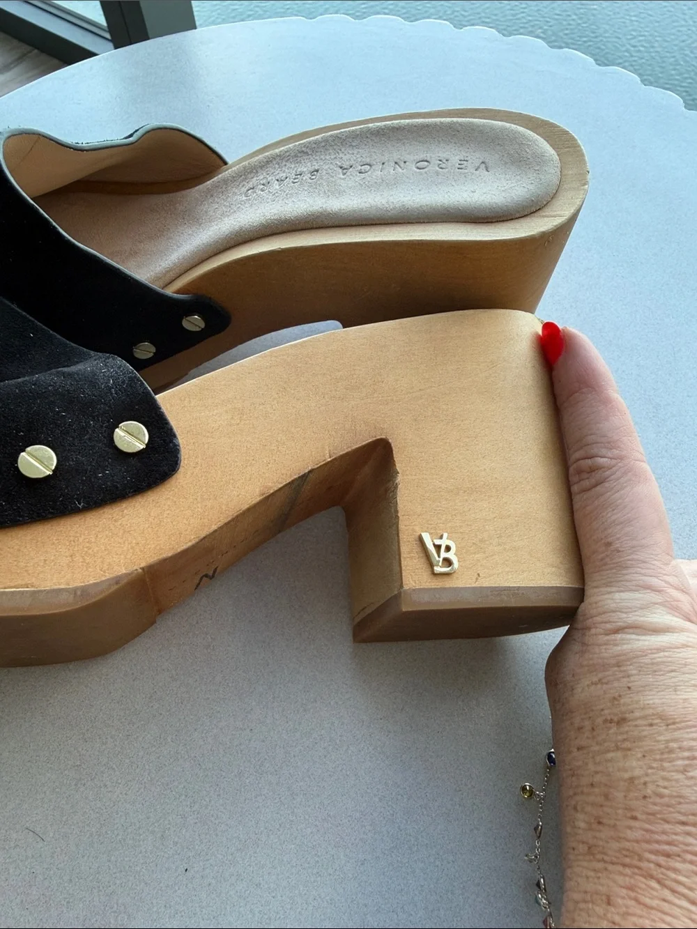 Suede slide sandals, Veronica Beard Hannalee wooden platform clogs